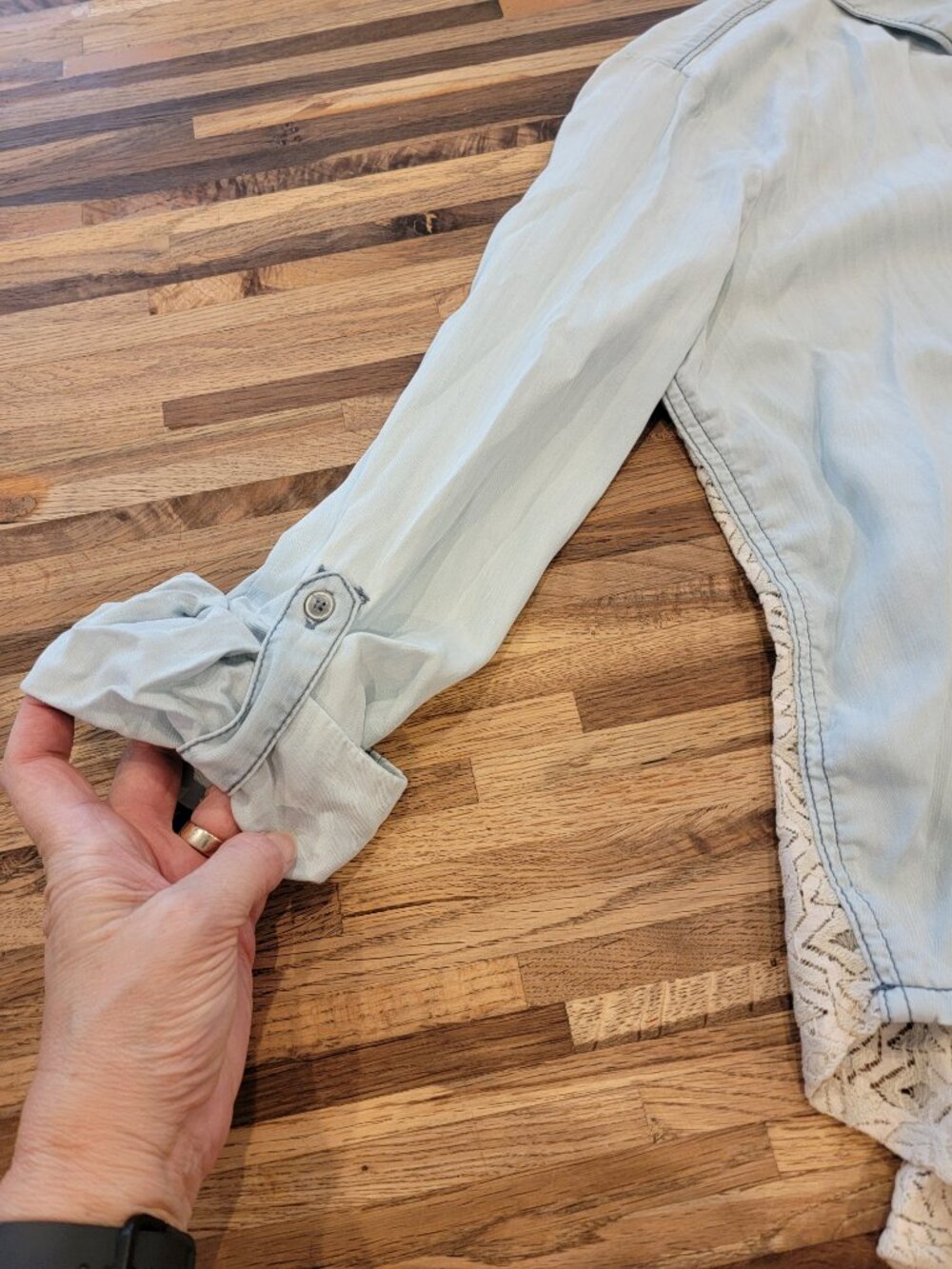 Holding Horses for Anthropologie lace hem tencel denim shirt roll tab - Picture 8 of 12